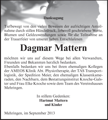 Traueranzeige von Dagmar Mattern von WVG - Wochenspiegel Aschersleben