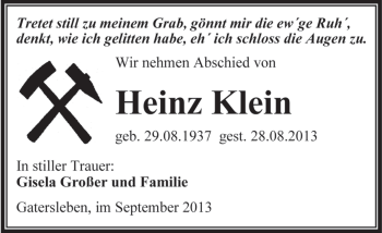 Traueranzeige von Heinz Klein von WVG - Wochenspiegel Aschersleben