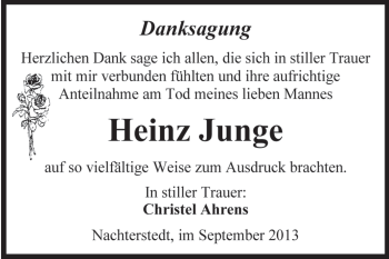Traueranzeige von Heinz Junge von WVG - Wochenspiegel Aschersleben