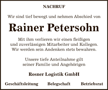 Traueranzeige von Rainer Petersohn von WVG - Wochenspiegel Bitterfeld