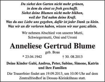 Traueranzeige von Anneliese Gertrud Blume von Super Sonntag Dessau / Köthen