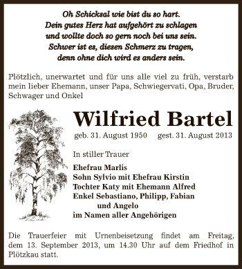 Traueranzeige von Wilfried Bartel von Super Sonntag Bernburg