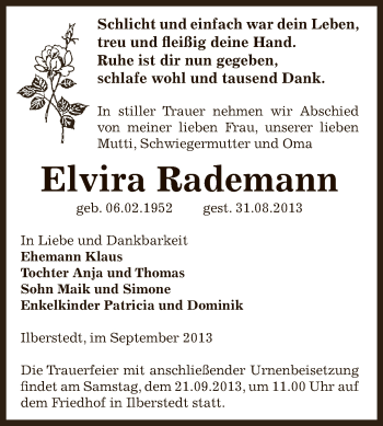 Traueranzeige von Elvira Rademann von Super Sonntag Bernburg