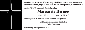 Traueranzeige von Margarete Hermes von Super Sonntag Wittenberg