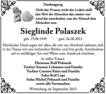 Traueranzeige von Sieglinde Polaszek von Super Sonntag Wittenberg