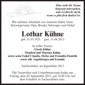 Traueranzeige von Lothar Kühne von WVG - Wochenspiegel Aschersleben