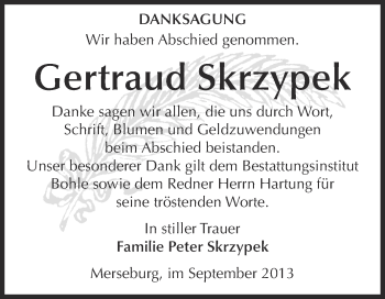 Traueranzeige von Gertraud Skrzypek von Super Sonntag Merseburg