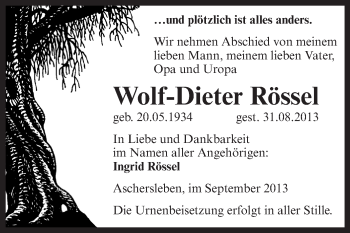 Traueranzeige von Wolf-Dieter Rössel von WVG - Wochenspiegel Aschersleben