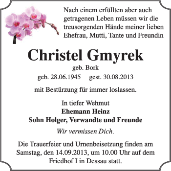 Traueranzeige von Christel Gmyrek von Super Sonntag Dessau / Köthen