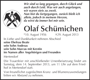 Traueranzeige von Olaf Schümichen von WVG - Wochenspiegel NMB / WSF / ZTZ