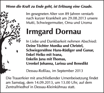 Traueranzeige von Irmgard Dornau von Super Sonntag Dessau / Köthen
