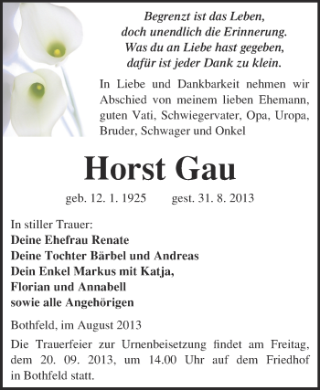 Traueranzeige von Horst Gau von Super Sonntag Merseburg