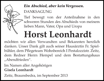 Traueranzeige von Horst Leonhardt von WVG - Wochenspiegel Merseburg