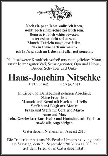 Traueranzeige von Hans-Joachim Nitschke von Super Sonntag Aschersleben