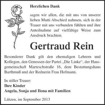 Traueranzeige von Gertraud Rein von WVG - Wochenspiegel Merseburg