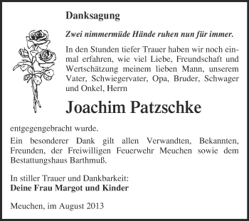 Traueranzeige von Joachim Patzschke von WVG - Wochenspiegel Merseburg