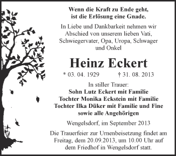 Traueranzeige von Heinz Eckert von Super Sonntag Merseburg
