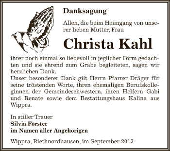 Traueranzeige von Christa Kahl von Super Sonntag SGH Mansf. Land