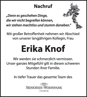 Traueranzeige von Erika Knof von Super Sonntag Wittenberg