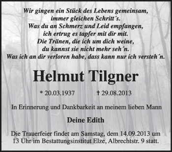 Traueranzeige von Helmut Tilgner von Super Sonntag Dessau / Köthen