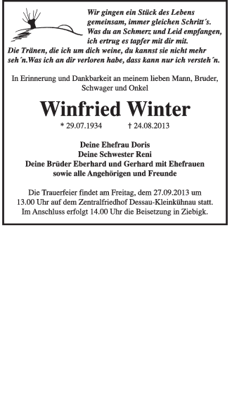 Traueranzeige von Winfried Winter von Super Sonntag Dessau / Köthen