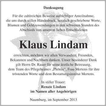 Traueranzeige von Klaus Lindam von WVG - Wochenspiegel NMB / WSF / ZTZ