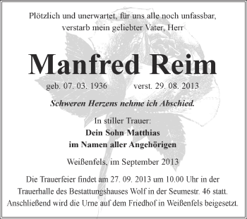 Traueranzeige von Manfred Reim von WVG - Wochenspiegel NMB / WSF / ZTZ