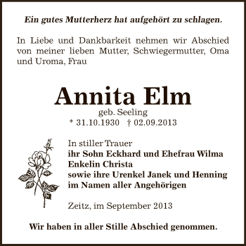 Traueranzeige von Annita Elm von Super Sonntag Zeitz