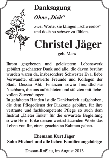 Traueranzeige von Christel Jäger von Super Sonntag Dessau / Köthen