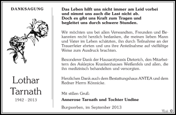 Traueranzeige von Lothar Tarnath von WVG - Wochenspiegel NMB / WSF / ZTZ