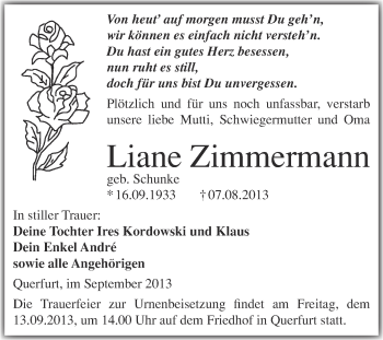 Traueranzeige von Liane Zimmermann von WVG - Wochenspiegel Merseburg