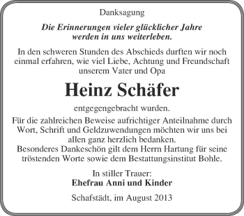 Traueranzeige von Heinz Schäfer von Super Sonntag Merseburg