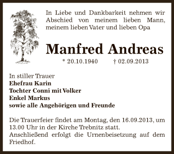 Traueranzeige von Manfred Andreas von Super Sonntag Bernburg
