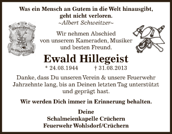 Traueranzeige von Ewald Hillegeist von Super Sonntag Bernburg