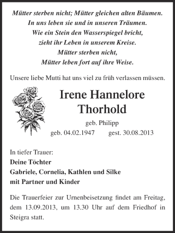 Traueranzeige von Irene Hannelore Thorhold von WVG - Wochenspiegel Merseburg