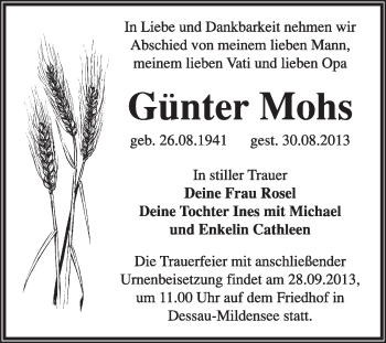 Traueranzeige von Günter Mohs von Super Sonntag Dessau / Köthen