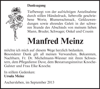 Traueranzeige von Manfred Meinz von Super Sonntag Aschersleben