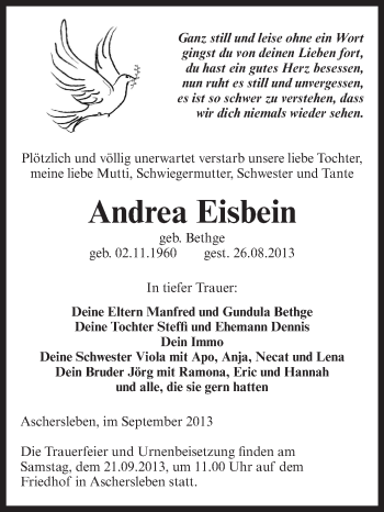 Traueranzeige von Andrea Eisbein von Super Sonntag Aschersleben