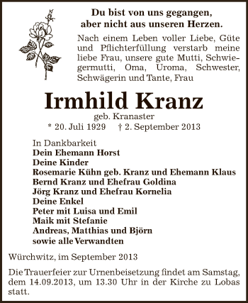 Traueranzeige von Irmhild Kranz von Super Sonntag Zeitz