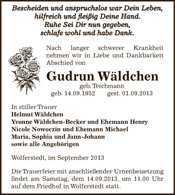 Traueranzeige von Gudrun Wäldchen von WVG - Wochenspiegel SGH