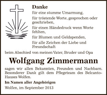 Traueranzeige von Wolfgang Zimmermann von WVG - Wochenspiegel Bitterfeld