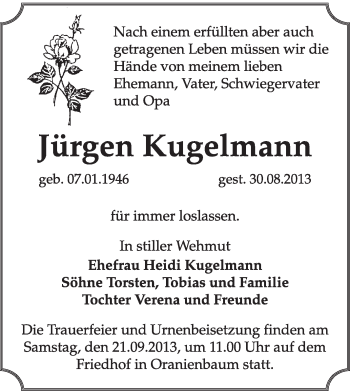 Traueranzeige von Jürgen Kugelmann von Super Sonntag Dessau / Köthen