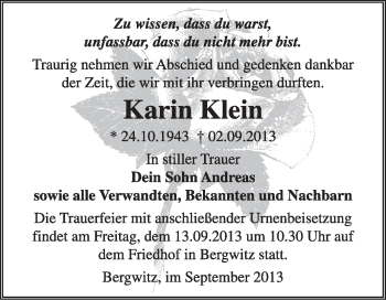 Traueranzeige von Karin Klein von Super Sonntag Wittenberg