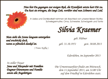 Traueranzeige von Silvia Kraemer von Super Sonntag SGH Mansf. Land