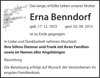 Traueranzeige von Erna Benndorf von WVG - Wochenspiegel NMB / WSF / ZTZ