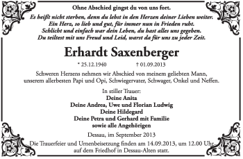 Traueranzeige von Erhardt Saxenberger von Super Sonntag Dessau / Köthen