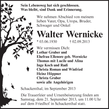 Traueranzeige von Walter Wernicke von Super Sonntag Aschersleben
