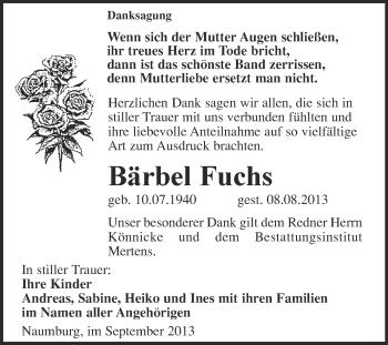 Traueranzeige von Bärbel Fuchs von WVG - Wochenspiegel NMB / WSF / ZTZ