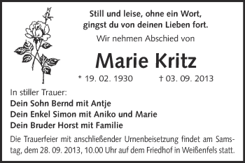 Traueranzeige von Marie Kritz von WVG - Wochenspiegel NMB / WSF / ZTZ