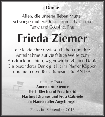 Traueranzeige von Frieda Ziemer von Super Sonntag Zeitz